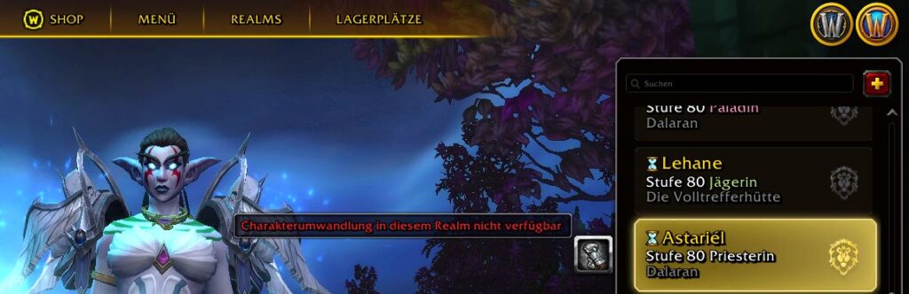 World of Warcraft: Fehler beim Versuch einen Remix Char umzuwandeln: Charakterumwandlung in diesem Realm nicht verfügbar